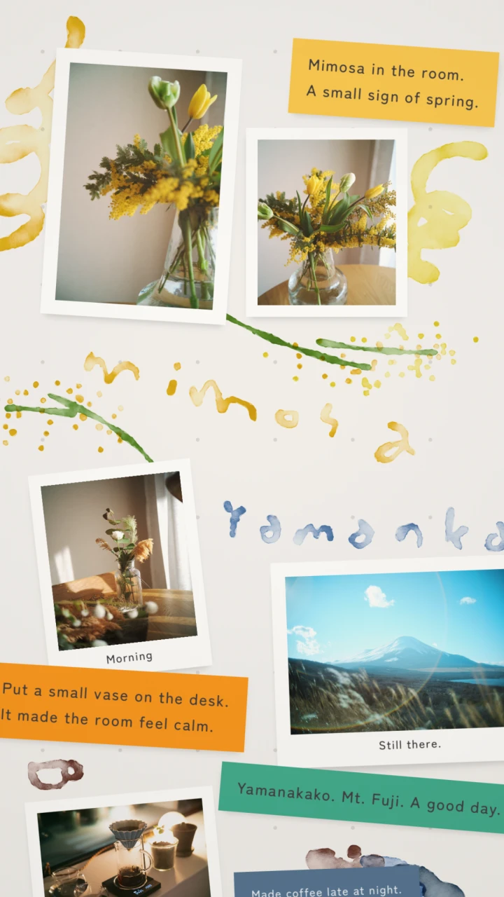 花や旅先の写真に、英語のメモと手描きを添えたボード